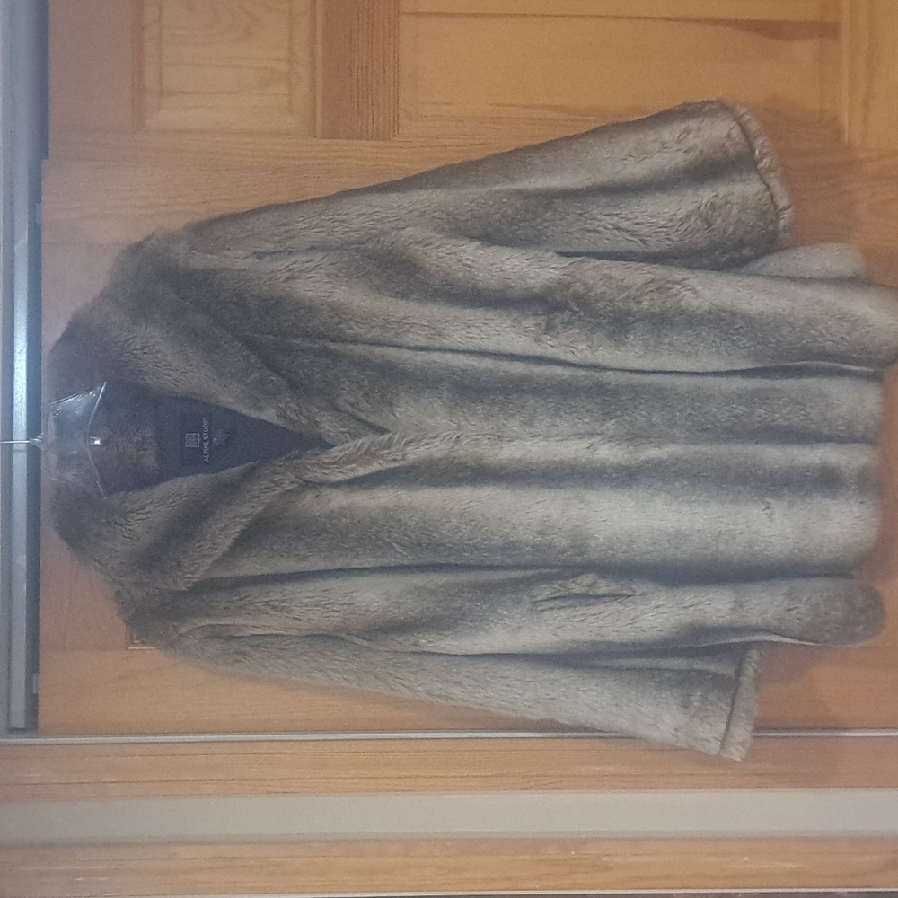 Three quarter faux fur jacket with varying brown shades.  Alpine Studio Size 1X.